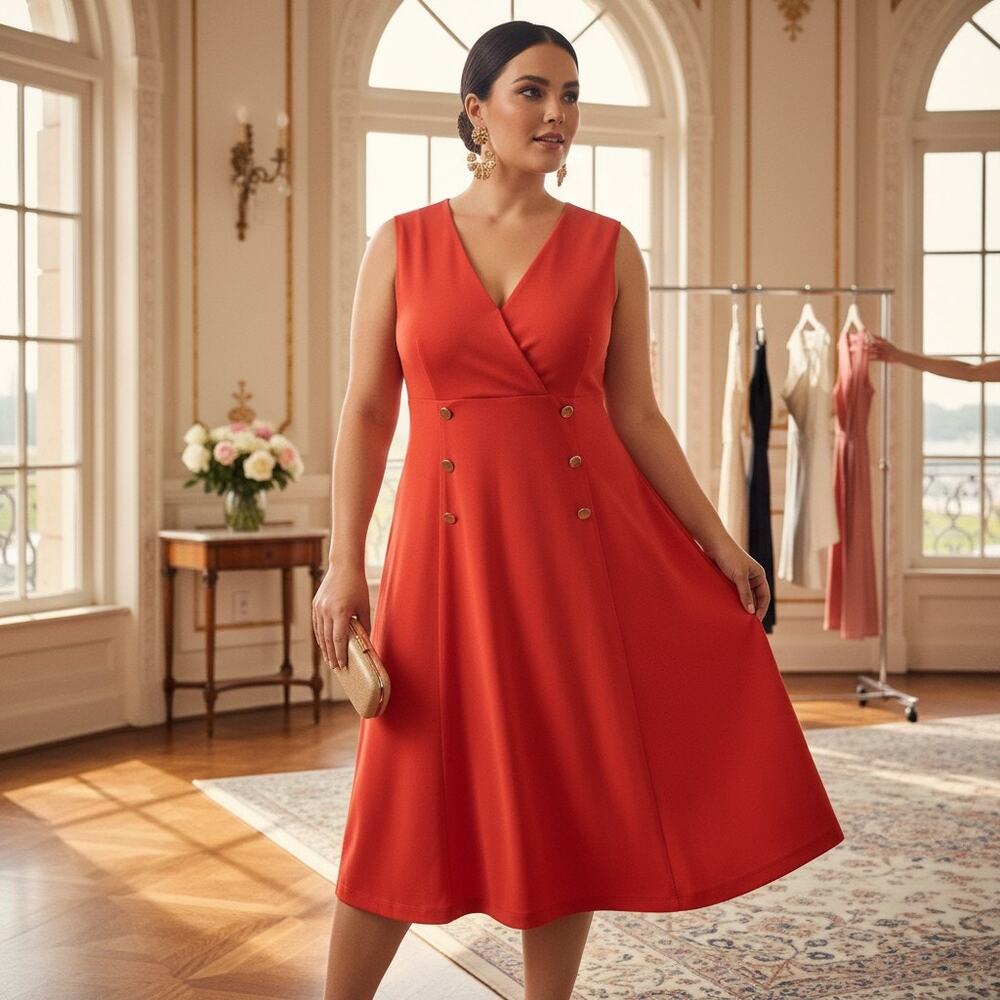 Calvin Klein Orange Button‑Detail Dress Size 16 NWT – Sleeveless Knee‑Length